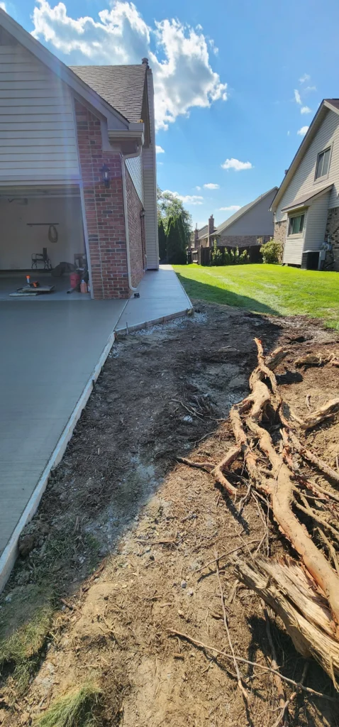 Newly poured concrete driveway and sidewalk beside a house. Bare earth with roots in foreground, green lawn and houses in background.
