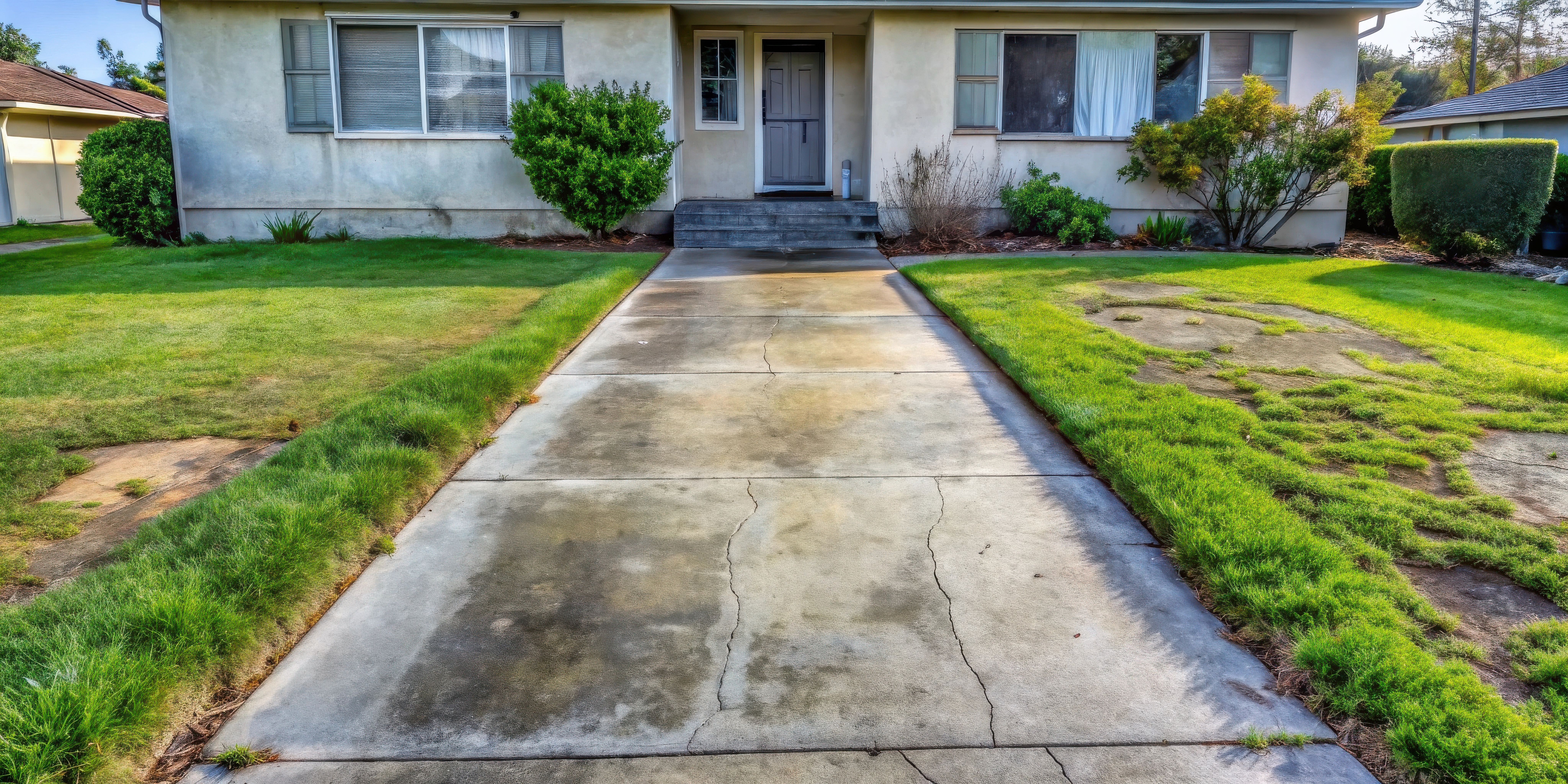 Concrete walkway up to the front door of a house