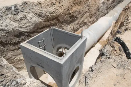 A dug out trench with piping and a concrete catch basin frame