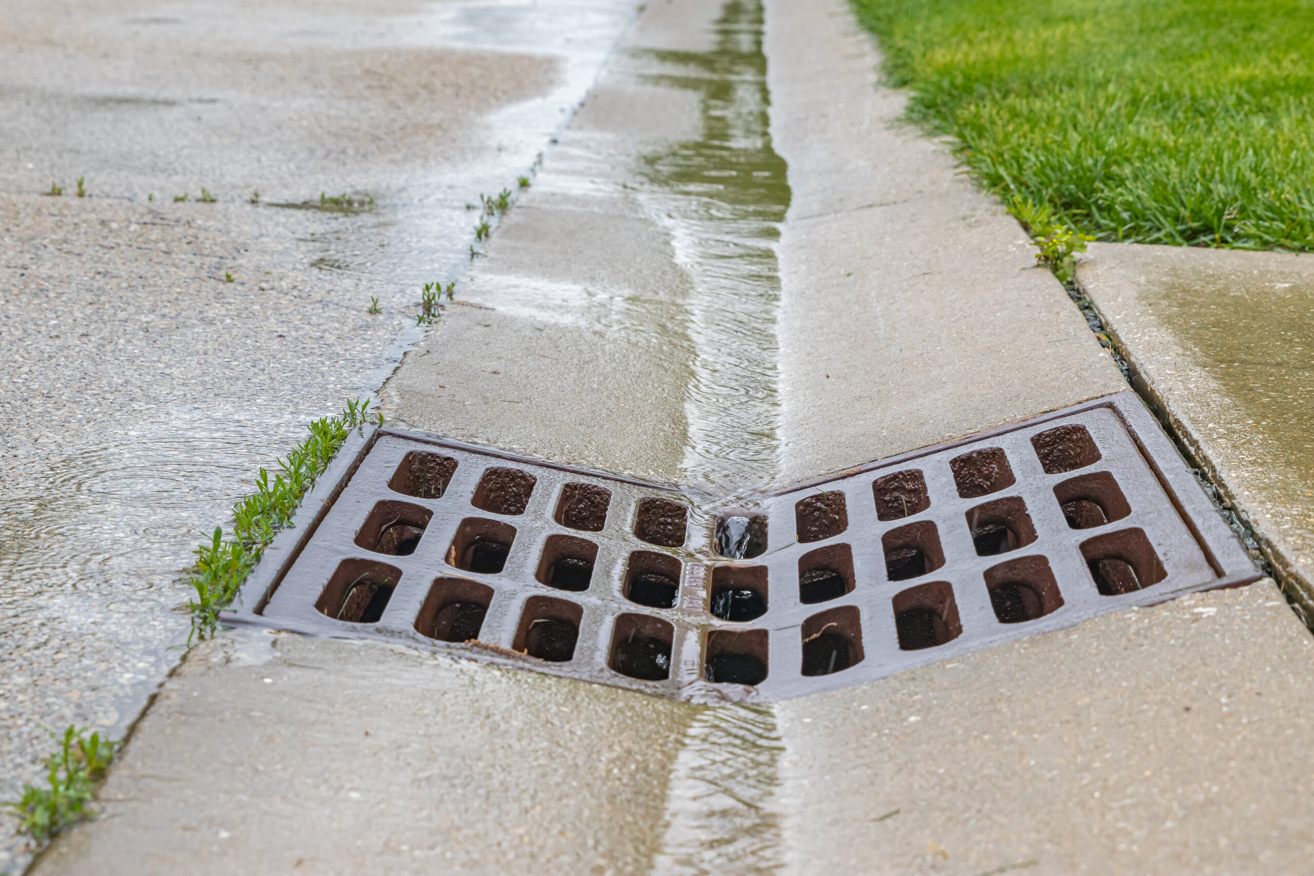 Rain flows through a concrete gutter into a storm sewer system drainage grate